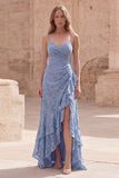 Dusty Blue Floral Spaghetti Straps Ruffle Long Prom Dress