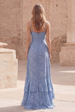 Dusty Blue Floral Spaghetti Straps Ruffle Long Prom Dress