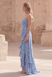 Dusty Blue Floral Spaghetti Straps Ruffle Long Prom Dress