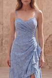 Dusty Blue Floral Spaghetti Straps Ruffle Long Prom Dress