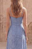 Dusty Blue Floral Spaghetti Straps Ruffle Long Prom Dress