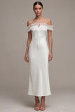 Off the Shoulder White Sheath Ruffled Midi Engagement Dress