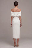 White Off the Shoulder Sheath Midi Engagement Dress with Bow