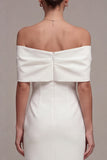 White Off the Shoulder Sheath Midi Engagement Dress with Bow