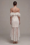 Boho White Lace Mermaid Off the Shoulder High Low Wedding Dress