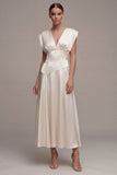 Ivory A Line V Neck Satin Midi Registry Office Wedding Dress