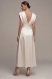 Ivory A Line V Neck Satin Midi Registry Office Wedding Dress