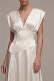 Ivory A Line V Neck Satin Midi Registry Office Wedding Dress
