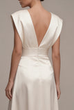 Ivory A Line V Neck Satin Midi Registry Office Wedding Dress