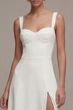 Ivory A Line Spaghetti Straps Graduation Dress with Slit