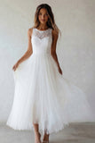 White Bateau Neck A Line Midi Engagement Dress with Lace