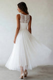 White Bateau Neck A Line Midi Engagement Dress with Lace