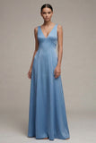 White V-Neck A Line Satin Long Wedding Dress