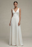 White V-Neck A Line Satin Long Wedding Dress
