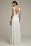 White V-Neck A Line Satin Long Wedding Dress