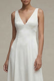 White V-Neck A Line Satin Long Wedding Dress