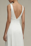 White V-Neck A Line Satin Long Wedding Dress