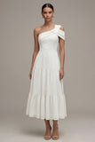 One Shoulder White A Line Midi Engagement Dress
