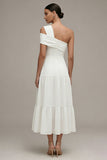 One Shoulder White A Line Midi Engagement Dress