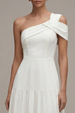 One Shoulder White A Line Midi Engagement Dress