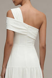 One Shoulder White A Line Midi Engagement Dress