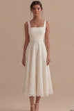Ivory Lace Spaghetti Straps A Line Midi Engagement Dress