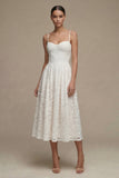 White A Line Spaghetti Straps Lace Midi Wedding Dress