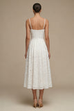 White A Line Spaghetti Straps Lace Midi Wedding Dress