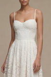 White A Line Spaghetti Straps Lace Midi Wedding Dress
