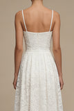 White A Line Spaghetti Straps Lace Midi Wedding Dress