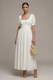 White A Line Square Neck Midi Engagement Dress with Puff Sleeves