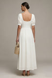 White A Line Square Neck Midi Engagement Dress with Puff Sleeves