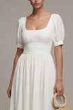 White A Line Square Neck Midi Engagement Dress with Puff Sleeves