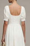 White A Line Square Neck Midi Engagement Dress with Puff Sleeves