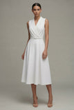 Simple White A Line Midi Dress with Belt