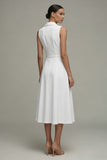 Simple White A Line Midi Dress with Belt