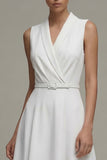 Simple White A Line Midi Dress with Belt