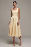 Ivory Square Neck A line Midi Dress with Belt