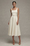 Ivory Square Neck A line Midi Dress with Belt