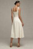 Ivory Square Neck A line Midi Dress with Belt