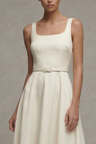 Ivory Square Neck A line Midi Dress with Belt