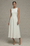 White A Line Bateau Neck Midi Engagement Dress