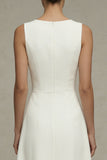 White A Line Bateau Neck Midi Engagement Dress