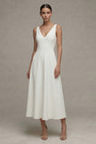 White V-Neck A Line Midi Engagment Dress