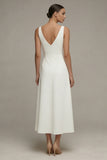White V-Neck A Line Midi Engagment Dress