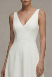 White V-Neck A Line Midi Engagment Dress