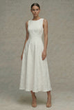 White Floral A Line Bateau Neck Midi Engagement Dress