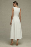 White Floral A Line Bateau Neck Midi Engagement Dress