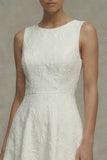 White Floral A Line Bateau Neck Midi Engagement Dress