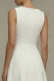 White Floral A Line Bateau Neck Midi Engagement Dress